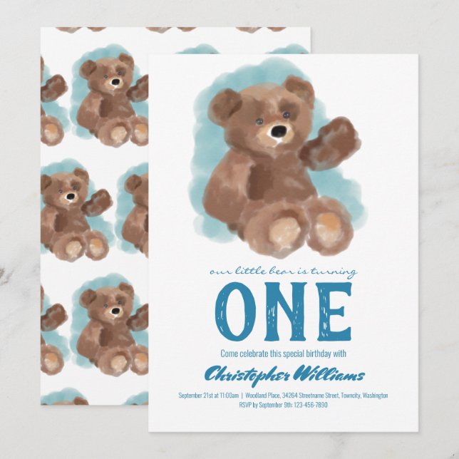 Little Watercolor Bear Cute Animal First Birthday Invitation (Front/Back)