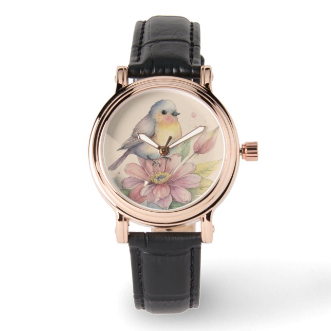 Little watercolor bird in a watch! watch (Front)