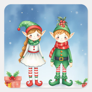 Little Watercolor Christmas Elves Square Sticker