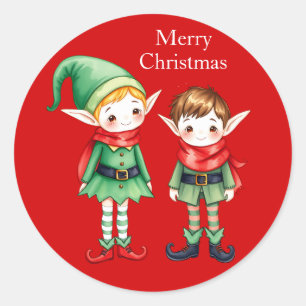 Little Watercolor Merry Christmas Elves Classic Round Sticker