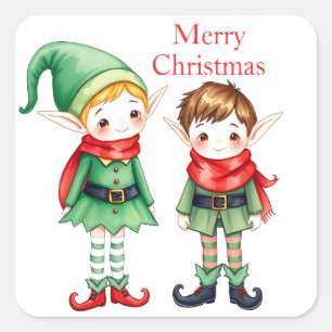 Little Watercolor Merry Christmas Elves Square Sticker