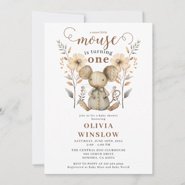 Little Watercolor Mouse 1st Birthday Invitation (Front)