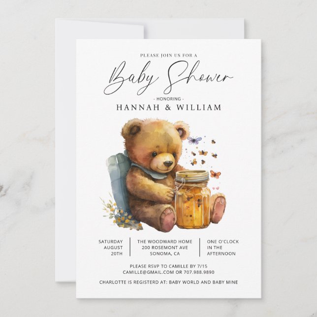 Little Watercolor Teddy Bear Baby Shower Invitation (Front)