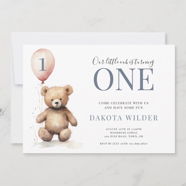 Little Watercolor Teddy Bear oy 1st Brithday Invitation (Front)