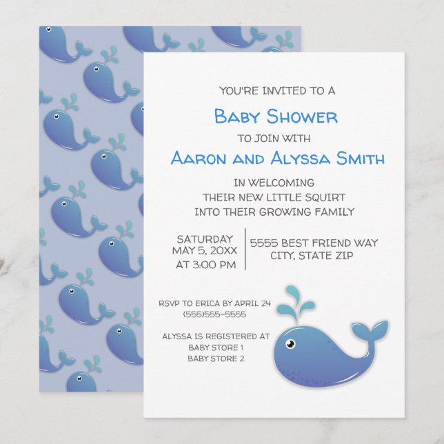 Little Whale / Squirt Blue White Couple's Shower Invitation (Front/Back)