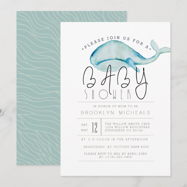 Little Whale Watercolor | Aquatic Baby Shower Invitation (Front/Back)