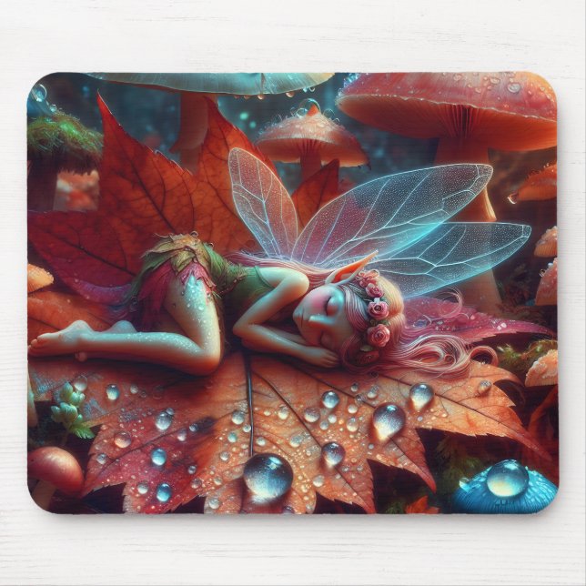 Little Whimsical Fairy Sleeping on a Leaf Mouse Mat (Front)