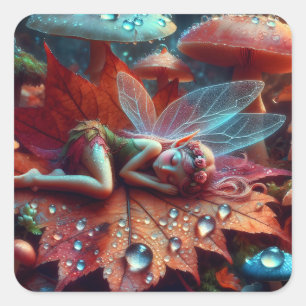 Little Whimsical Fairy Sleeping on a Leaf Square Sticker