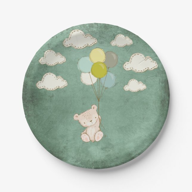 Little White Bear with Balloons and Clouds Paper Plate (Front)