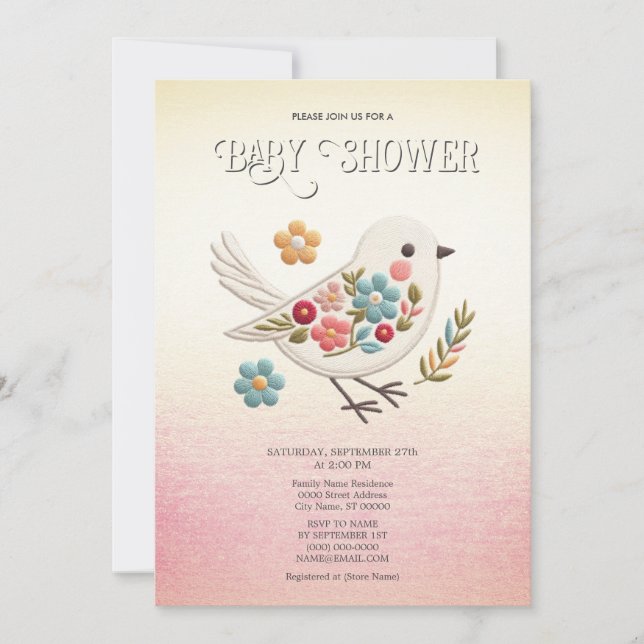 Little White Bird Floral Baby Shower Invitation (Front)
