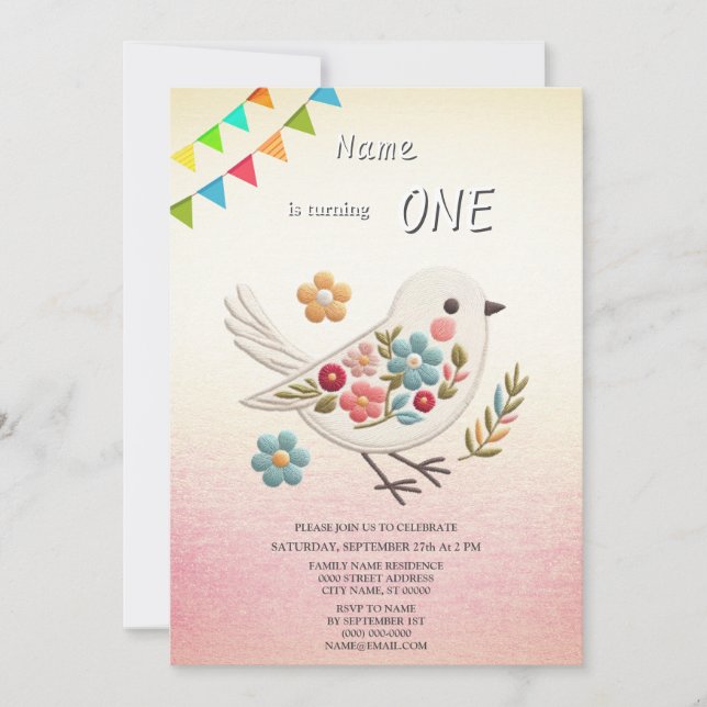 Little White Bird Floral Birthday Party Invitation (Front)