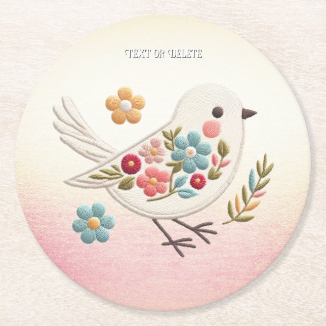 Little White Bird Floral Paper Coaster (Front)