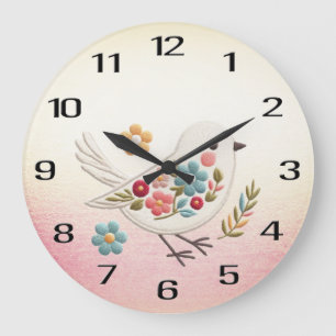 Little White Bird Floral Wall Clock