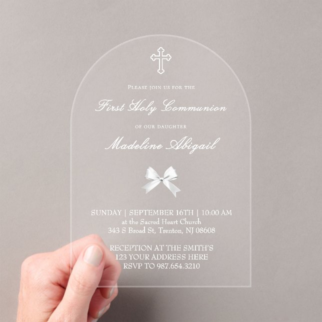 little white bow First Holy Communion Acrylic Invitations (Insitu (Handheld))