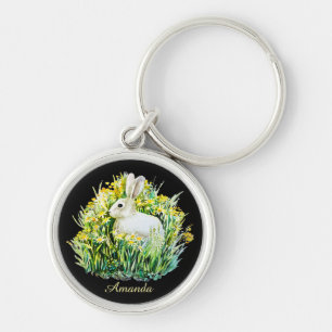 Little white bunny and flowers key ring