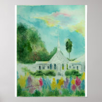 Little White Country Church Watercolor Poster