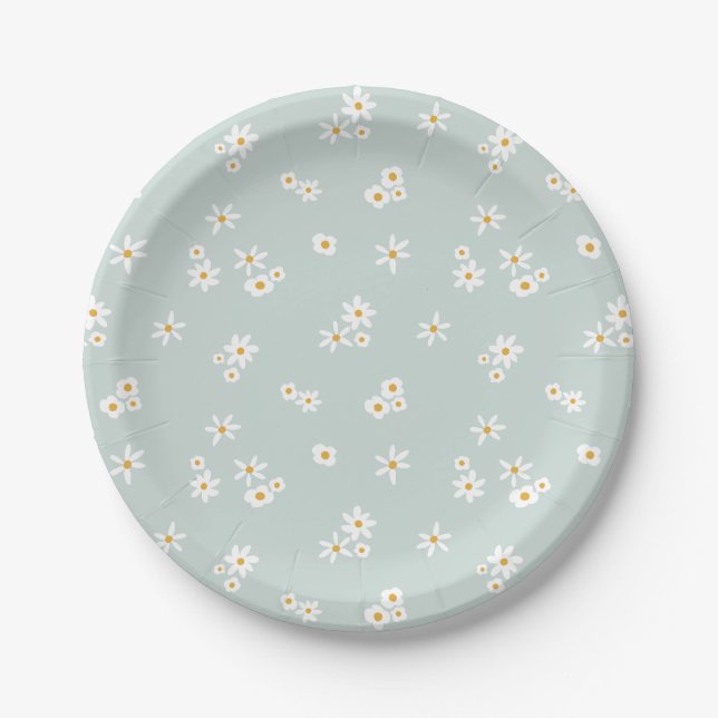Little White Flowers on blue - seamless pattern. Paper Plate (Front)