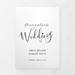 Little white heart script black white mono wedding Tri-Fold programme