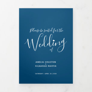 Little white heart script blaue white wedding Tri-Fold programme
