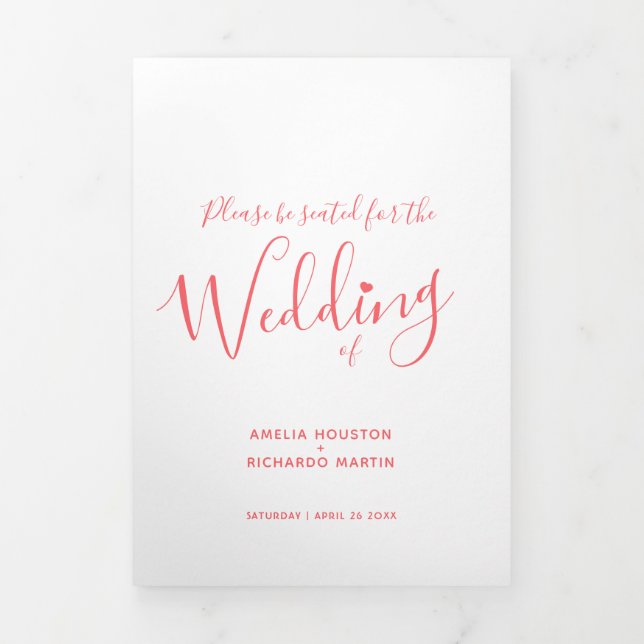 Little white heart script coral white wedding Tri-Fold programme (Cover)