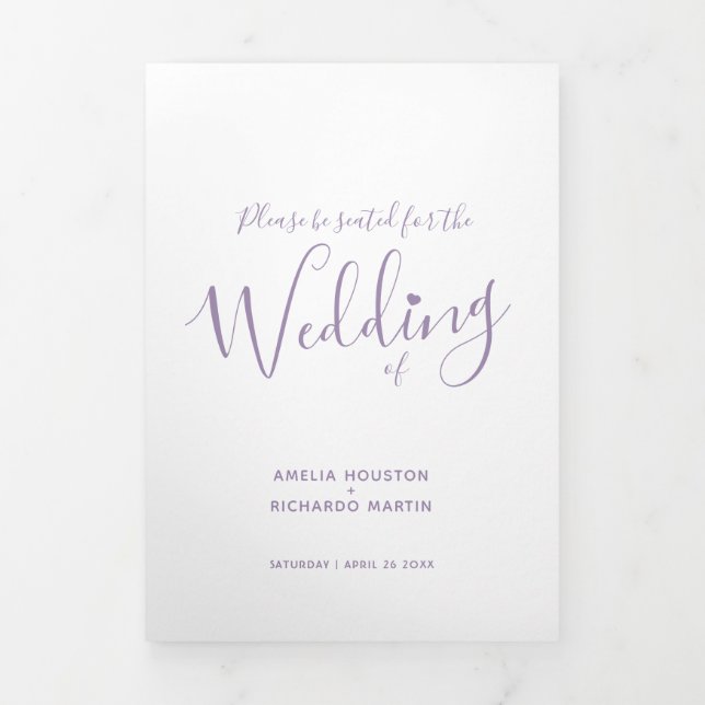 Little white heart script purple white wedding Tri-Fold programme (Cover)