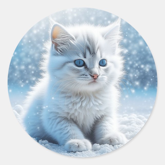 Little White Kitten in Snow Christmas Classic Round Sticker (Front)