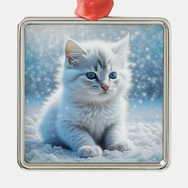 Little White Kitten in Snow Christmas Metal Tree Decoration (Front)