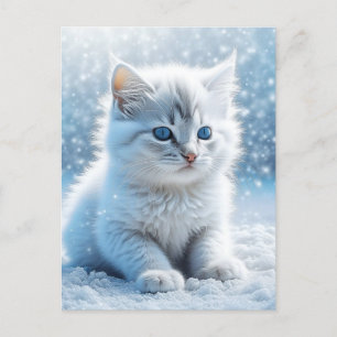Little White Kitten in Snow Christmas Postcard