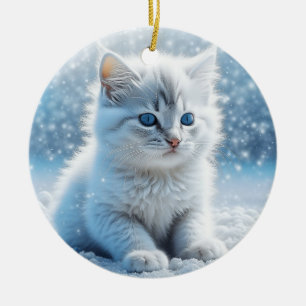 Little White Kitten in Snow Personalized Christmas Ceramic Tree Decoration