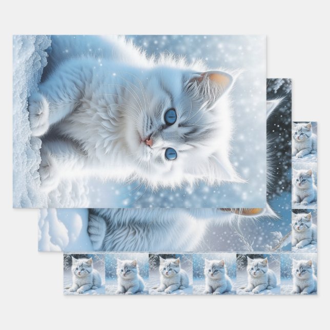 Little White Kittens in Snow Christmas Wrapping Paper Sheet (Set)