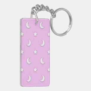 Little White Stars and Moons on Pink Key Ring