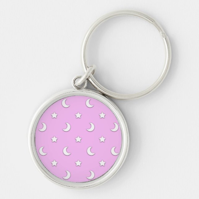 Little White Stars and Moons on Pink Key Ring (Front)
