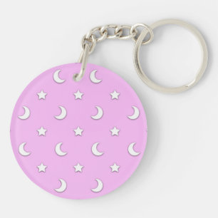 Little White Stars and Moons on Pink Key Ring