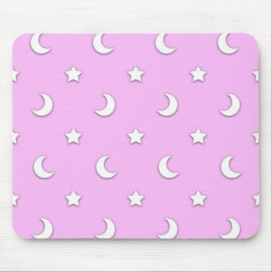 Little White Stars and Moons on Pink Mouse Mat