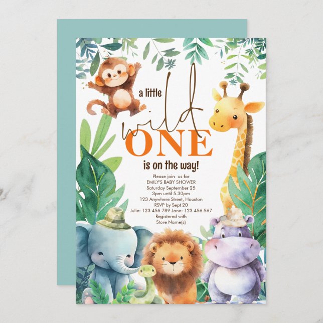 Little Wild One On Way Jungle Animals Baby Shower Invitation (Front/Back)
