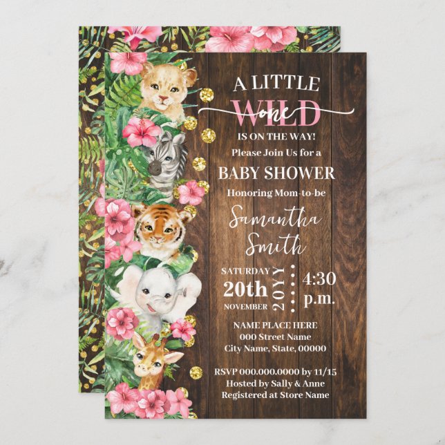 Little Wild One Rustic Safari Pink Baby Shower Invitation (Front/Back)