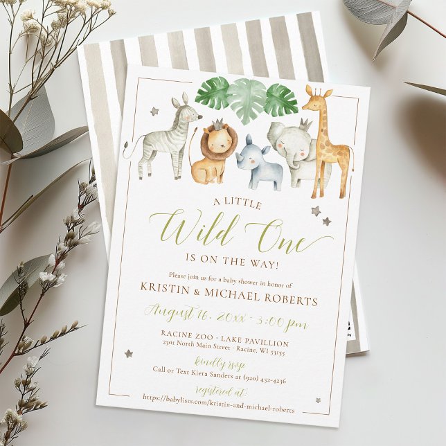 Little Wild One Safari Animals Boy Baby Shower Invitation (Watercolor jungle safari zoo animals Little Wild One green tropical simple baby boy shower invite)