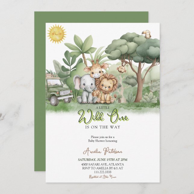 Little Wild One Safari Animals Watercolor Invitation (Front/Back)