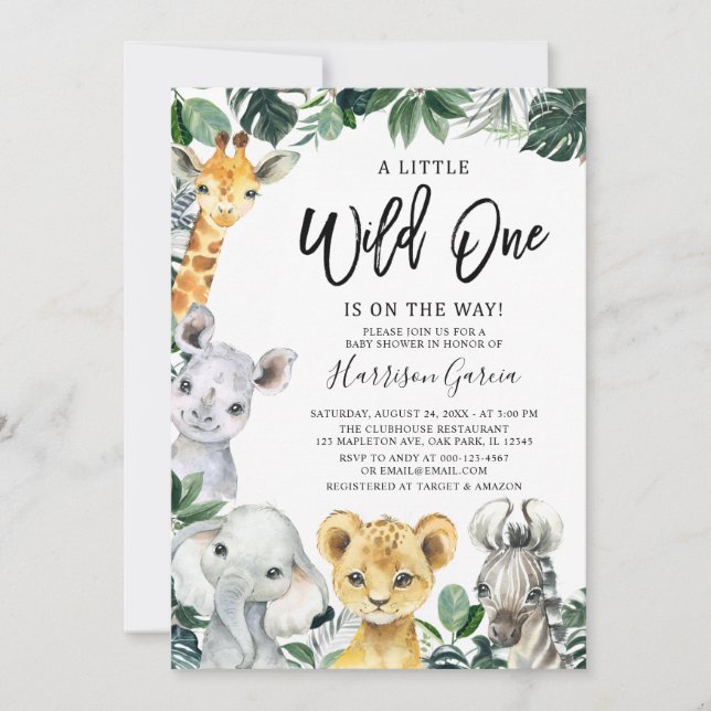 Little Wild One Safari Jungle Animals Baby Shower Invitation (Front)