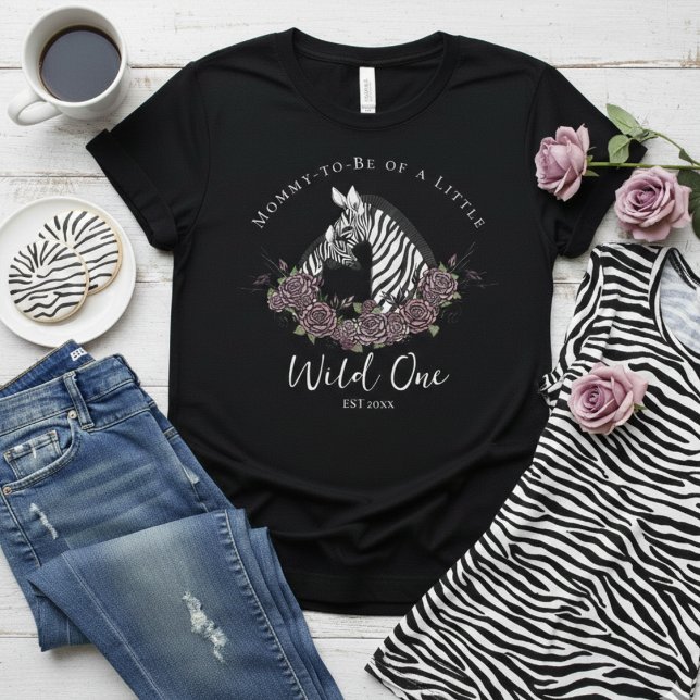 Little Wild One Zebra Safari Baby Shower Mommy T-Shirt (Mommy to Be of a little Wild One Tshirt for Mother to be. Moody Floral Zebra Mom & cute Baby for Her)