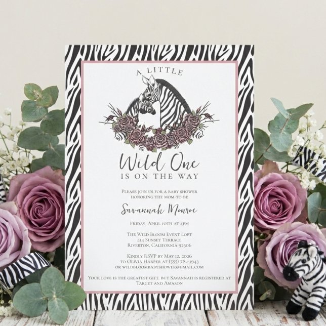 Little Wild One Zebra Safari Baby Shower Party Invitation (Little wild one zebra safari baby shower invitation girl pink jungle animal theme wild one party)