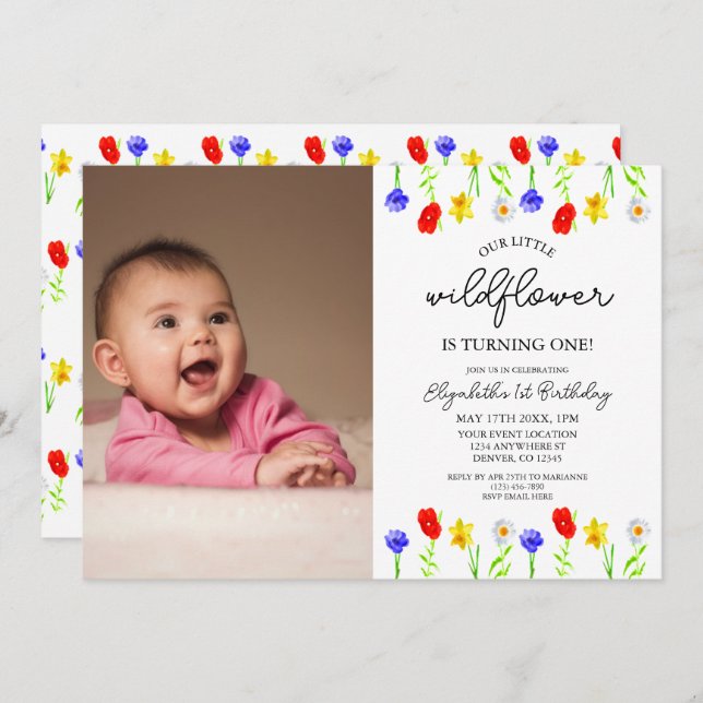 Little Wildflower 1st Birthday Invitation (Front/Back)