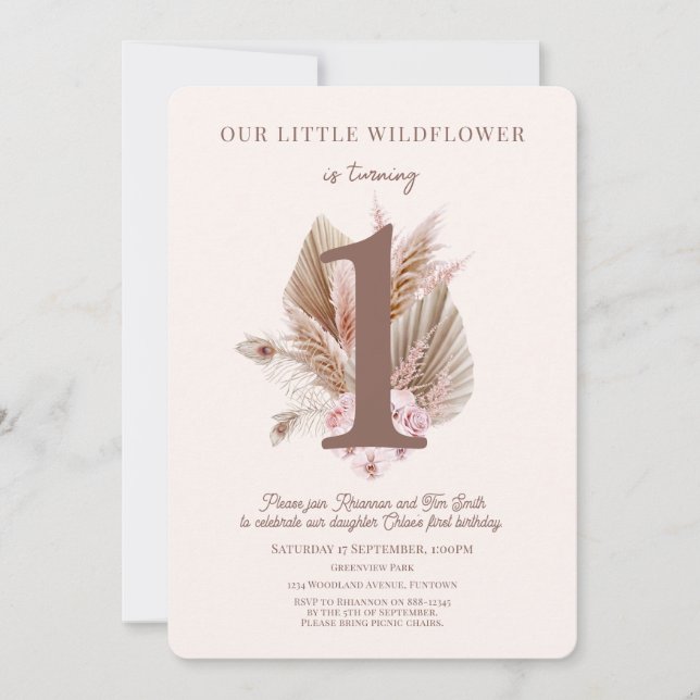 Little Wildflower 1st Birthday Invitation boho (Front)