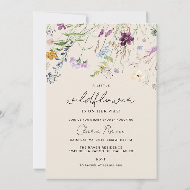 Little Wildflower Beige Floral Baby Shower  Invitation (Front)