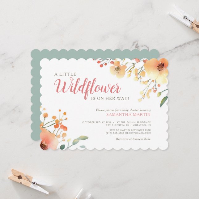 little wildflower boho watercolor baby shower  invitation (Front/Back In Situ)