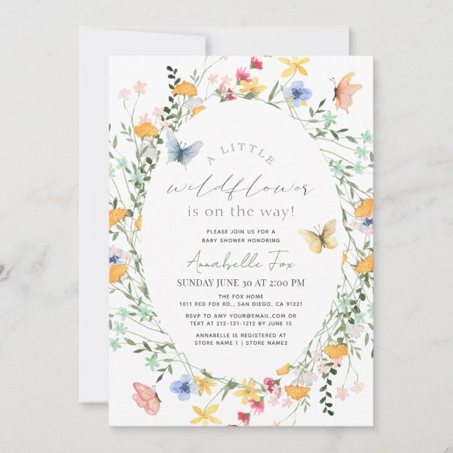 Little Wildflower Butterfly Oval Girl Baby Shower Invitation (Front)