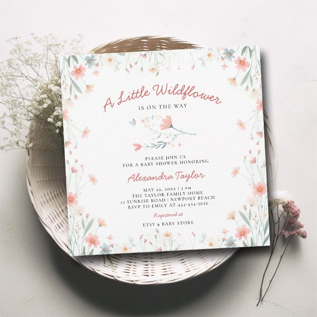 Little Wildflower Coral Teal Cute Girl Baby Shower Invitation (little wildflower baby girl shower invitation cottage garden watercolor pink teal tiny flowers boho )