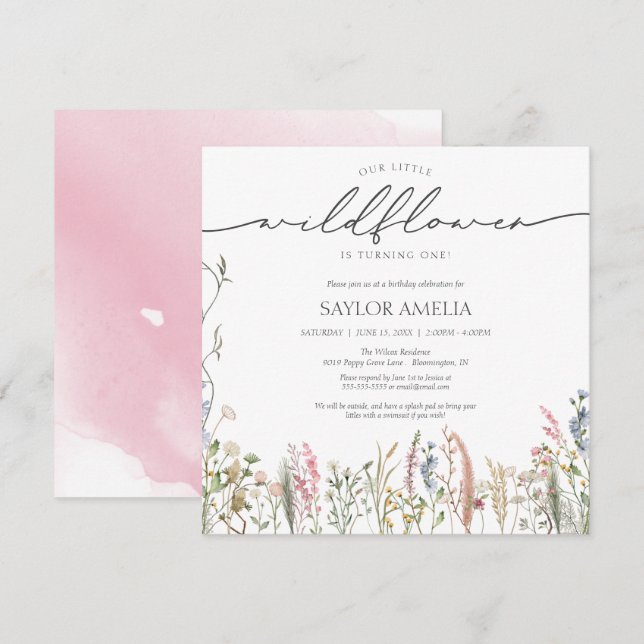 Little Wildflower Delicate Floral First Birthday Invitation (Front/Back)