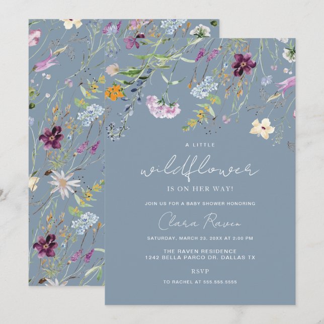 Little Wildflower Dusty Blue Floral Baby Shower  Invitation (Front/Back)
