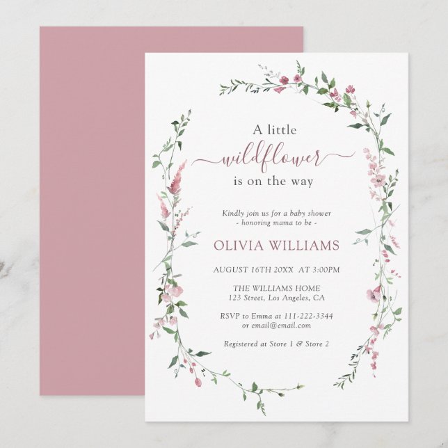 Little Wildflower Dusty Rose Pink Girl Baby Shower Invitation (Front/Back)